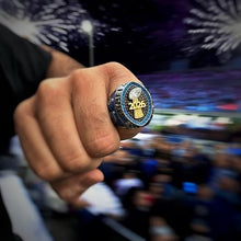 Premium 2026 FANTASY FOOTBALL RING Gunmetal + Gold (Blue Stones)