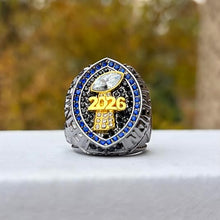 Premium 2026 FANTASY FOOTBALL RING Gunmetal + Gold (Blue Stones)