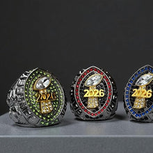 Premium 2026 FANTASY FOOTBALL RING Gunmetal + Gold (Blue Stones)