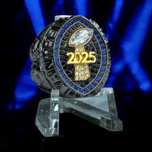 Premium 2025 FANTASY FOOTBALL RING Gunmetal + Gold (Blue Stones)