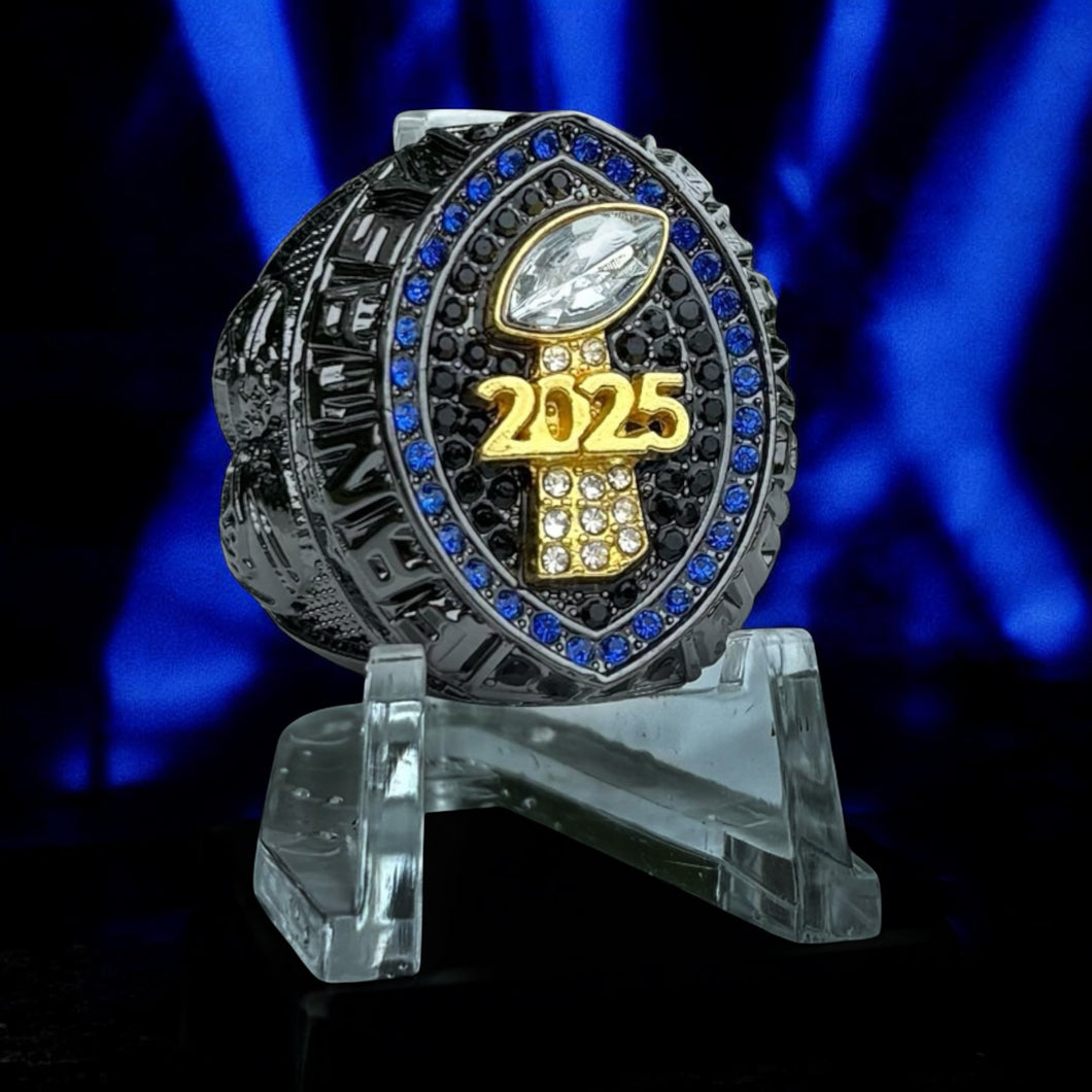 Premium 2025 FANTASY FOOTBALL RING Gunmetal + Gold (Blue Stones)