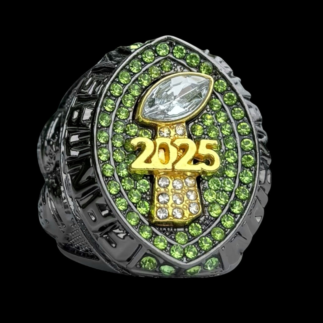 Premium 2025 FANTASY FOOTBALL RING Gunmetal + Gold (Green Stones)