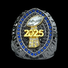 Premium 2025 FANTASY FOOTBALL RING Gunmetal + Gold (Blue Stones)