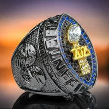 Premium 2025 FANTASY FOOTBALL RING Gunmetal + Gold (Blue Stones)