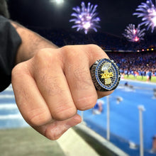 Premium 2025 FANTASY FOOTBALL RING Gunmetal + Gold (Blue Stones)