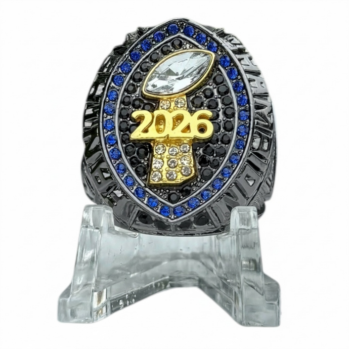 Premium 2026 FANTASY FOOTBALL RING Gunmetal + Gold (Blue Stones)