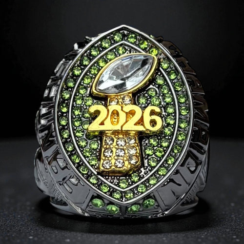 Premium 2026 FANTASY FOOTBALL RING Gunmetal + Gold (Green Stones)
