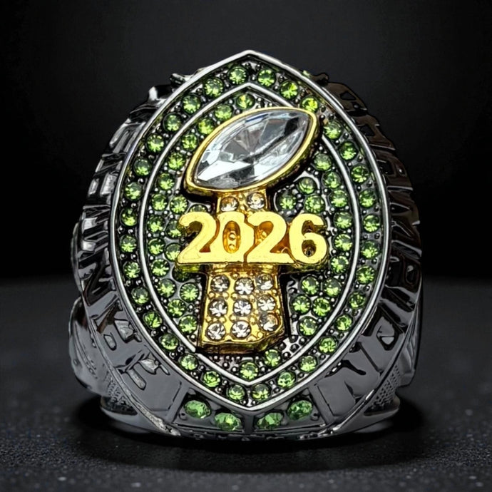 Premium 2026 FANTASY FOOTBALL RING Gunmetal + Gold (Green Stones)