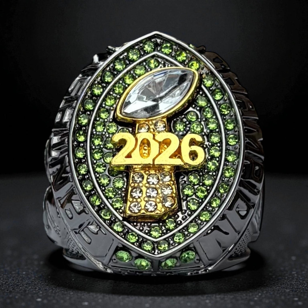 Premium 2026 FANTASY FOOTBALL RING Gunmetal + Gold (Green Stones)